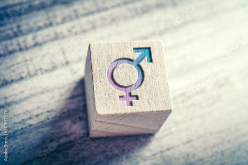 Transgender, LGBT or Intersex Icon With Combined Male And Female Sign On A Wodden Block On A Table photo