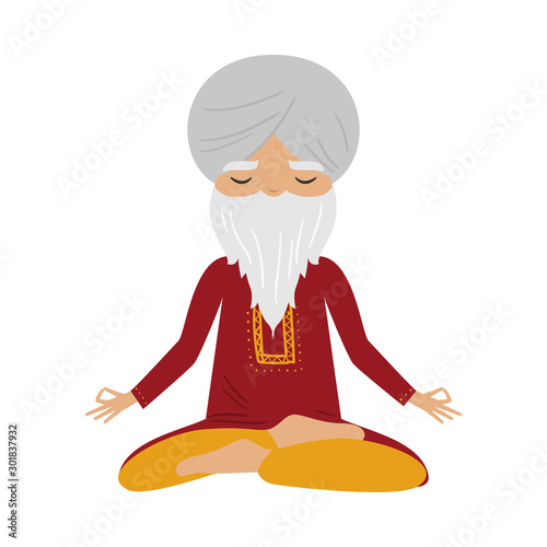 Meditating old yogi man with a white turban and red clothes sitting in a lotus position. Vector illustration in flat cartoon style.