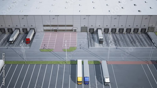 Aerial timelapse view of logistics center and semitrailers. Top view of warehouse and trucks near docks during unloading and loading cargo, parking for trucks. 3d 60 fps animation.