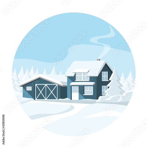 House in a snowy forest. Winter wonderland. Vector template	