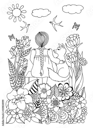 Vector illustration, baby girl sitting on a bench with a fox surrounded by flowers. Doodle drawing. Meditative exercises. Coloring book anti stress for adults and children. Black white. photo