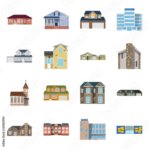 Vector illustration of building and front icon. Collection of building and roof stock vector illustration.