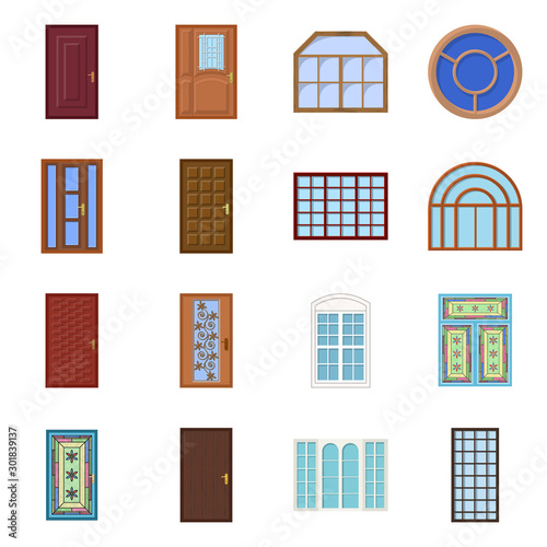 Isolated object of door and front sign. Collection of door and wooden stock vector illustration.