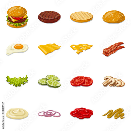 Vector illustration of burger and sandwich icon. Set of burger and slice stock symbol for web.