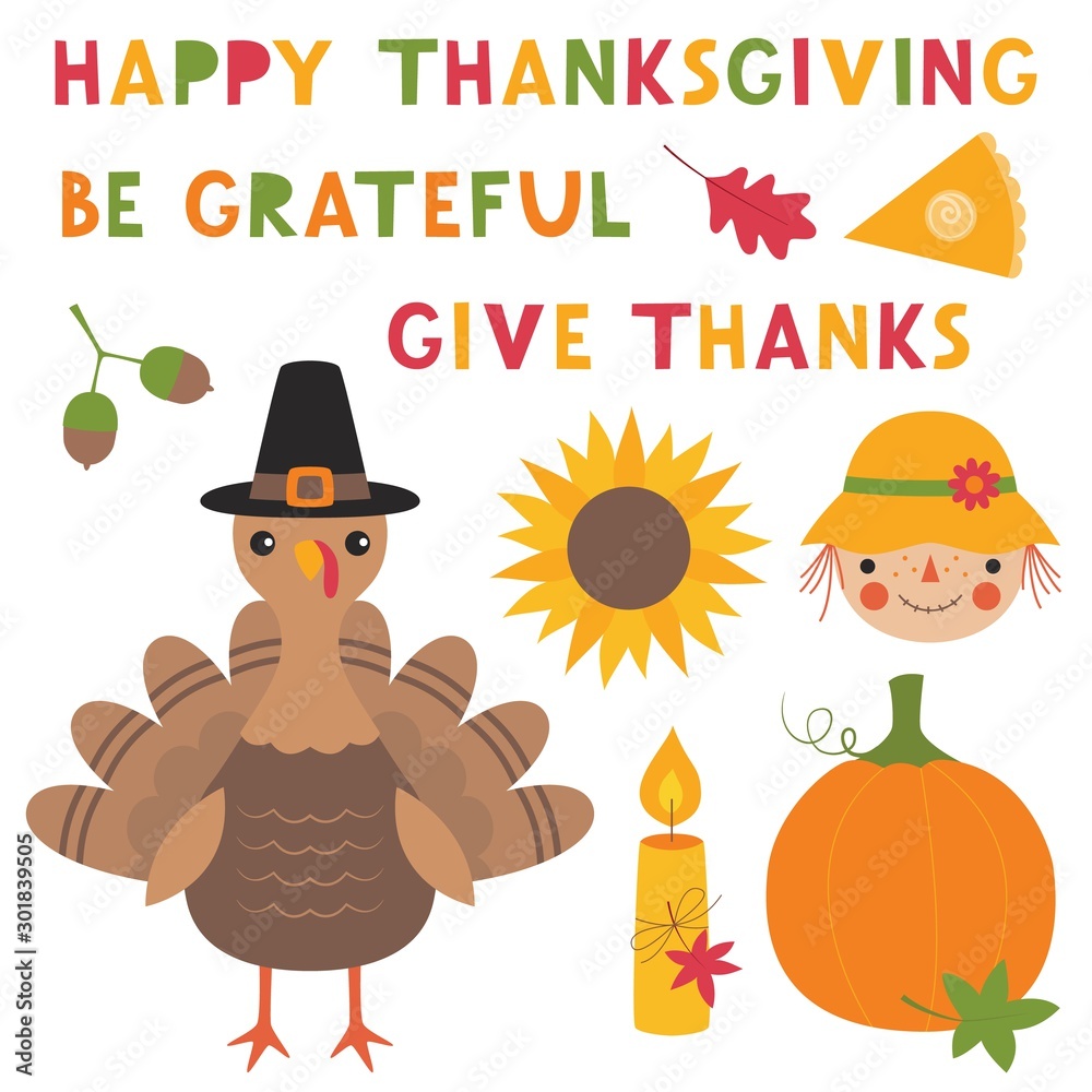 Fototapeta premium Thanksgiving vector set, a turkey, a pumpkin, a sunflower