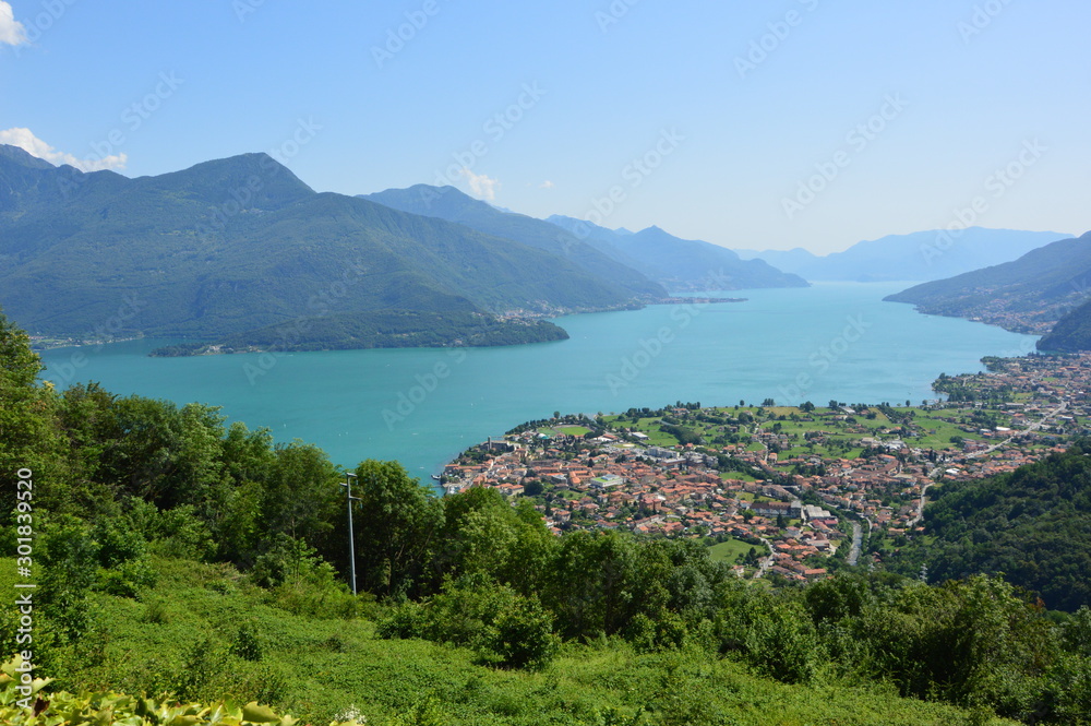 Peglio village in the mountains (Gravedona, Italy). June 2019.  Panoramic view of Lake Como.