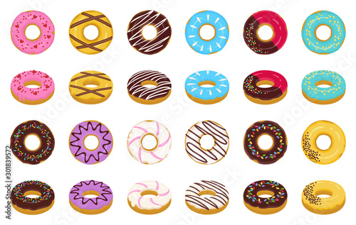 Sweet donut cartoon vector set icon. Isolated icon chocolate and cream doughnut.Vector illustration donut of sprinkles dessert on white background .