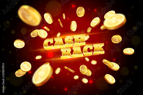 The gold word Cashback, amid the explosion of coins. Vector illustration background