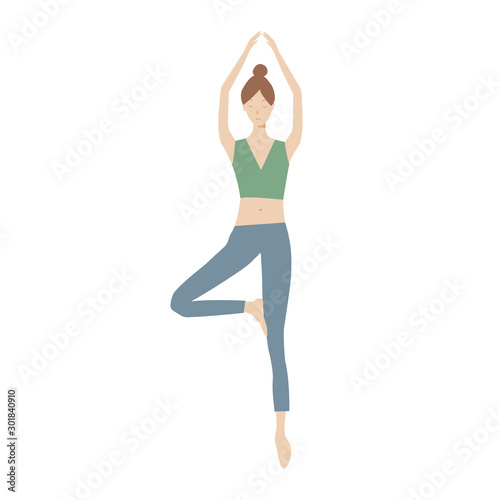 Yoga girl in calm standing pose, quiet natural colors