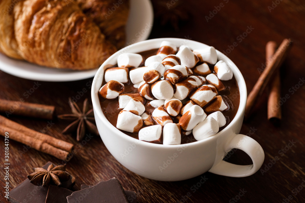 Fototapeta premium Hot chocolate with marshmallows and cinnamon in white cup on wooden table