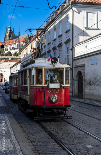 Photography Vintage Tramway In Narrow Street In Front Of Hradcany Castle And Saint Vitus Cat