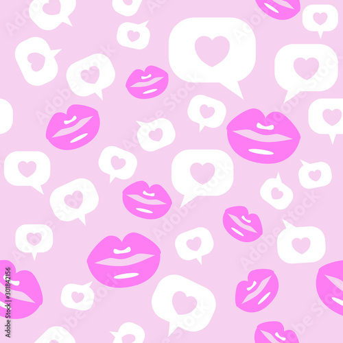 pattern pink lips and hearts in clouds on a pink background