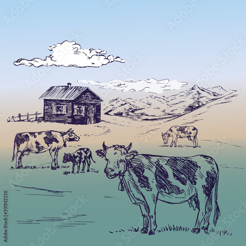 Small country house in mountains with cows herd on hills, hand drawn doodle, sketch in pop art style, outline vector illustration on soft background