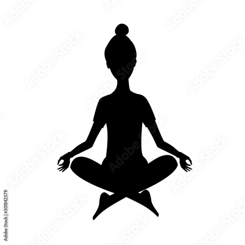 Black silhouette of cartoon yoga girl in calm tranquil pose