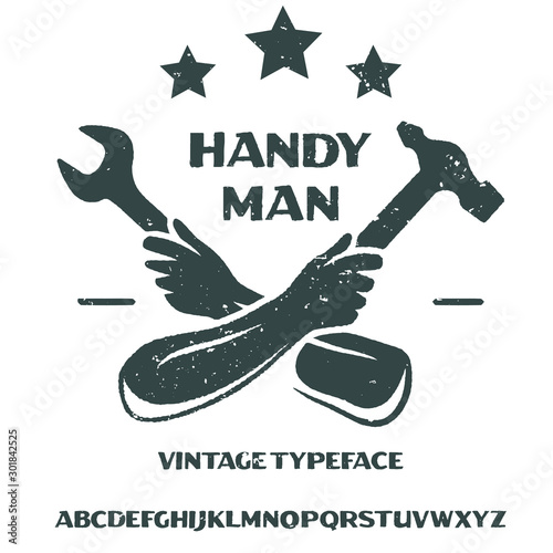 Hand drawn advertising font.Vintage anvil,  icon, blacksmith tools.  Simple shape for design logo, emblem, symbol, sign, badge,label, stamp.Letters and numbers.Vector illustration.Advertising typeface