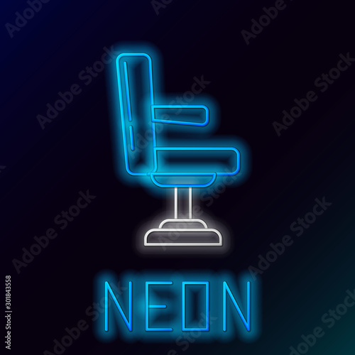 Blue glowing neon line Barbershop chair icon isolated on black background. Barber armchair sign. Colorful outline concept. Vector Illustration