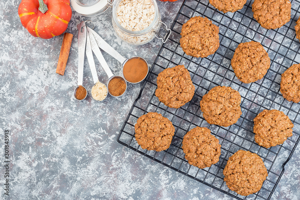 Spicy pumpkin and oatmeal cookies on cooling rack, horizontal, top view, copy space