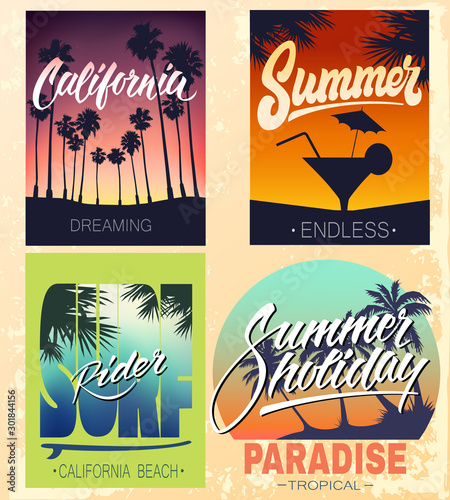 Set of summer hand lettered print for apparel t shirt and other uses, southern beach typographic art