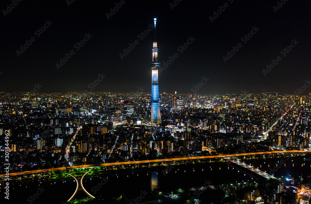 Obraz premium Aerial view of Tokyo Skytree, Sumida river, and Japanese landscape in Tokyo city at night. Japan tourism, cityscape landmark, Asia travel destination, or modern building architecture concept