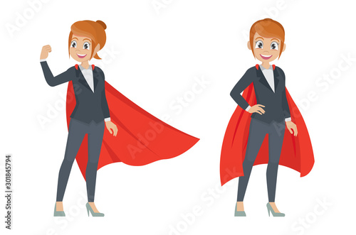 Cartoon character Poses, Businesswoman in action poses. Female superhero.