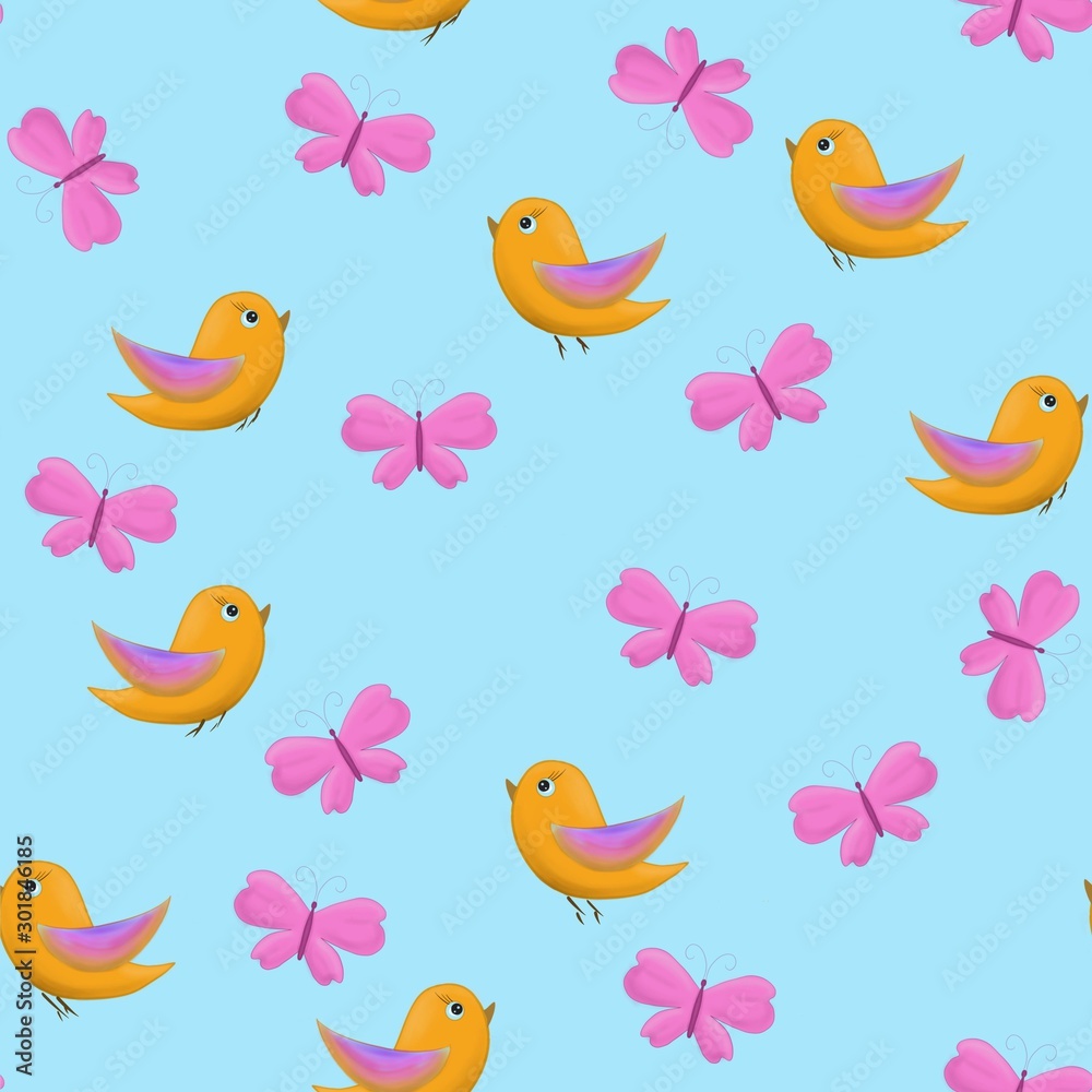 Seamless pattern. on a blue background cute butterflies and birds. Printing, printing on fabric. Child pattern