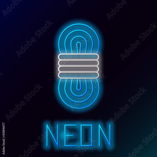 Blue glowing neon line Climber rope icon isolated on black background. Extreme sport. Sport equipment. Colorful outline concept. Vector Illustration