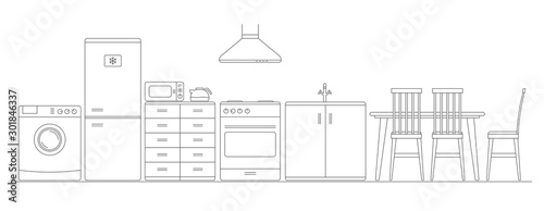 Vector thin line illustration of kitchen furniture and interior. Fridge, washing mashine, microwave, cookstove, sink, kitchen hood and table with chairs. Flat line style isolated on white.
