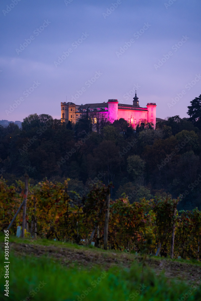 Castle of Costigliole d'Asti (Piedmont - Italy).  Night view with white castle bright