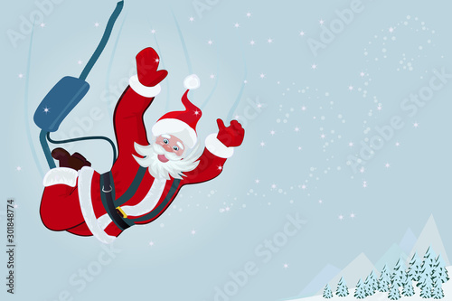 Santa Claus is doing ropejumping on the background of a winter mountain landscape. The concept of Christmas renewal and healthy lifestyle.Vector illustration.