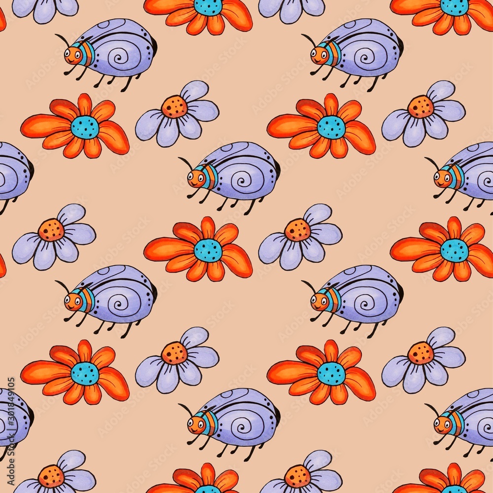 Cute hand drawn marker doodle seamless pattern with funny bugs and flowers. Cute hand drawn marker doodle seamless pattern with funny bugs and flowers.