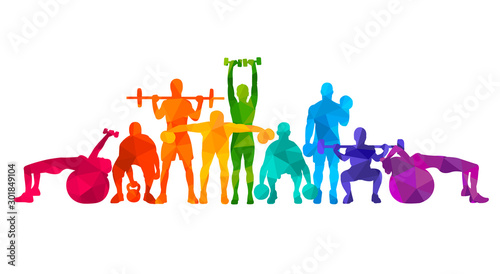 Detailed vector illustration silhouettes strong rolling people set girl and man sport fitness gym body-building workout powerlifting health training dumbbells barbell. Healthy lifestyle