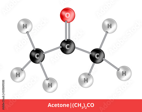 Vector ball-and-stick model of chemical substance. Icon of acetone or propanone molecule consisting of carbon, hydrogen and oxygen. Structural formula suitable for education isolated on white.