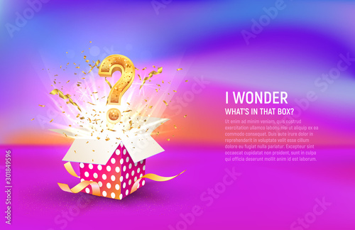 Open box with question sign and confetti explosion inside and on colorful liquid background. Mystery giftbox vector illustration web banner