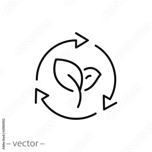organic recycle icon, eco care, reusable environmental, ecology friendly reuse, logo, thin line web symbol on white background - editable stroke vector illustration eps 10
