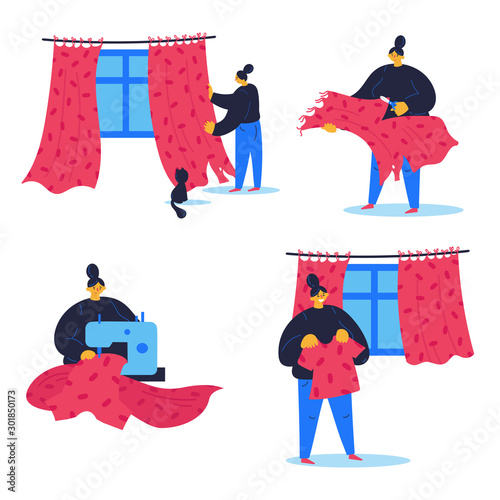 Young girl recycling the curtains that ruined the cat,using sewing machine. Woman made new t-shirt from an old draperies.Illustration of textile recycling.Concept of reducing waste.Vector cartoon flat