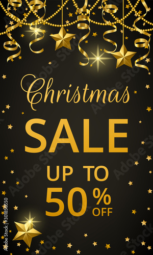 Christmas sale banner with golden stars on black background
