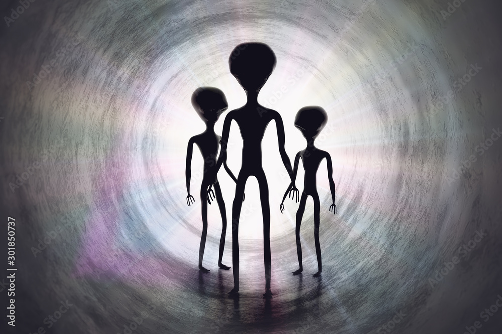Silhouettes of creepy aliens and bright light in tunnel. 3D rendered illustration. - obrazy, fototapety, plakaty 