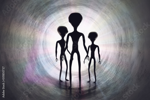 Silhouettes of creepy aliens and bright light in tunnel. 3D rendered illustration.