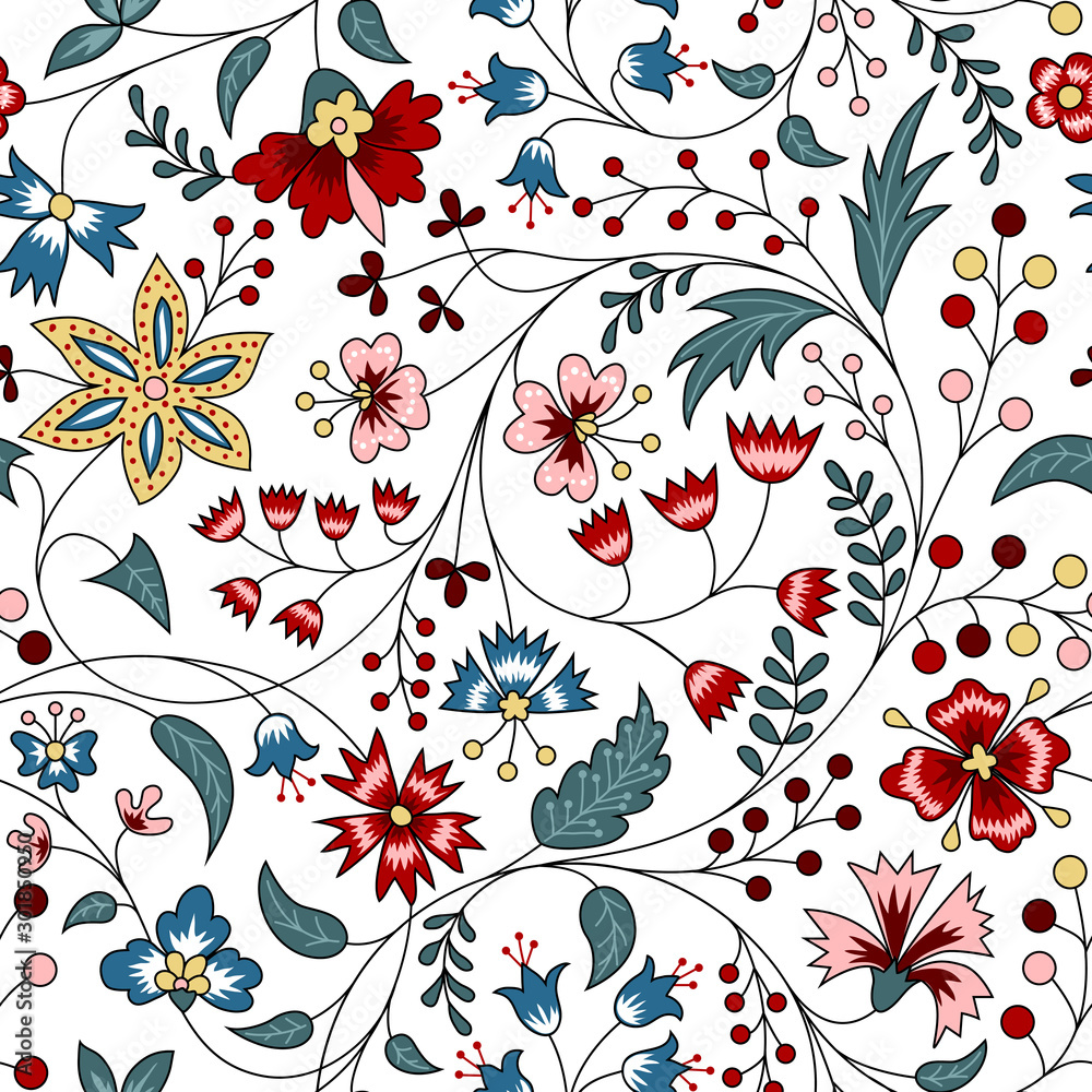 Floral seamless pattern in chintz style on white background