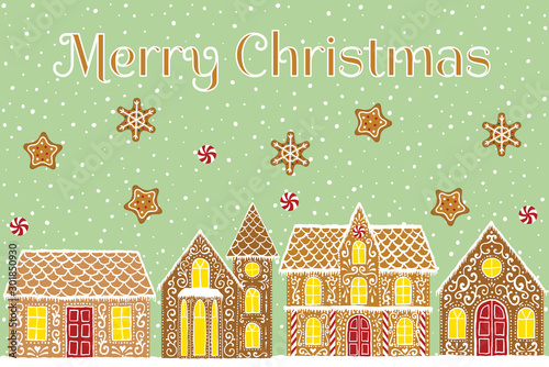 Merry Christmas greeting card with gingerbread house