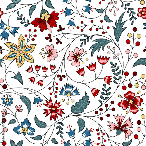 Floral seamless pattern in chintz style on white background
