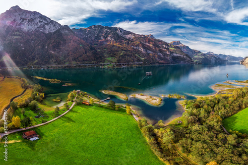 Tableau sur toile Areal view of Fluelen town and lake Lucerne in canton Uri, Switzerland, Europe
