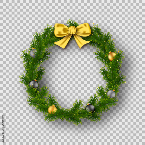 Realistic Christmas wreath isolated on transparent background. Vector illustration