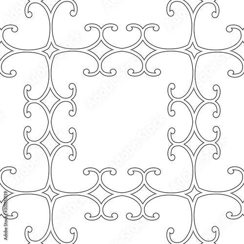 Vintage border frame, thin curved lines, linear vintage pattern, black and white vector illustration.