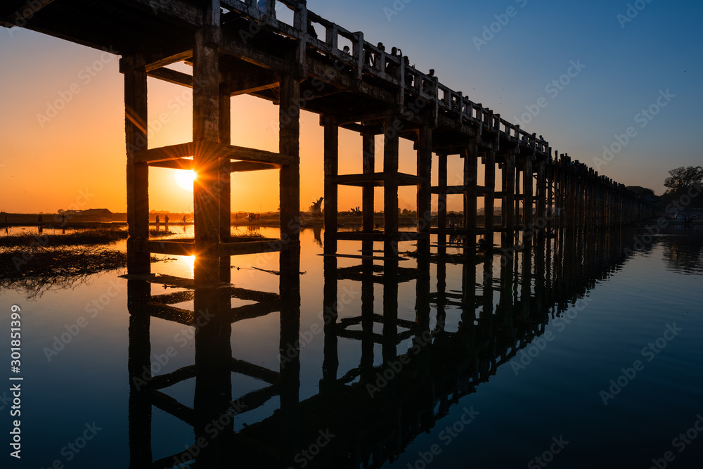 Silhouette of people on U Bein bridge at sunset in Amarapura. Mandalay, Myanmar