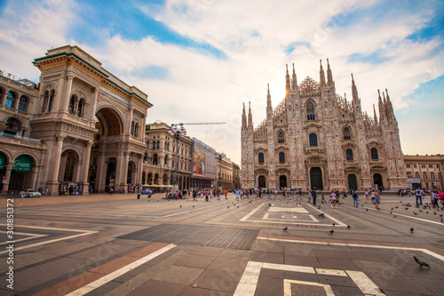 Cathedral Duomo di Milano and Vittorio Emanuele gallery in Square Piazza Duomo at sunrise, Milan, Italy, Europe
