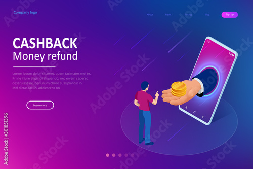 Isometric Cashback and Saving Money Concept. Money Refund. Digital Payment or Online Cashback Service. Electronic invoice.