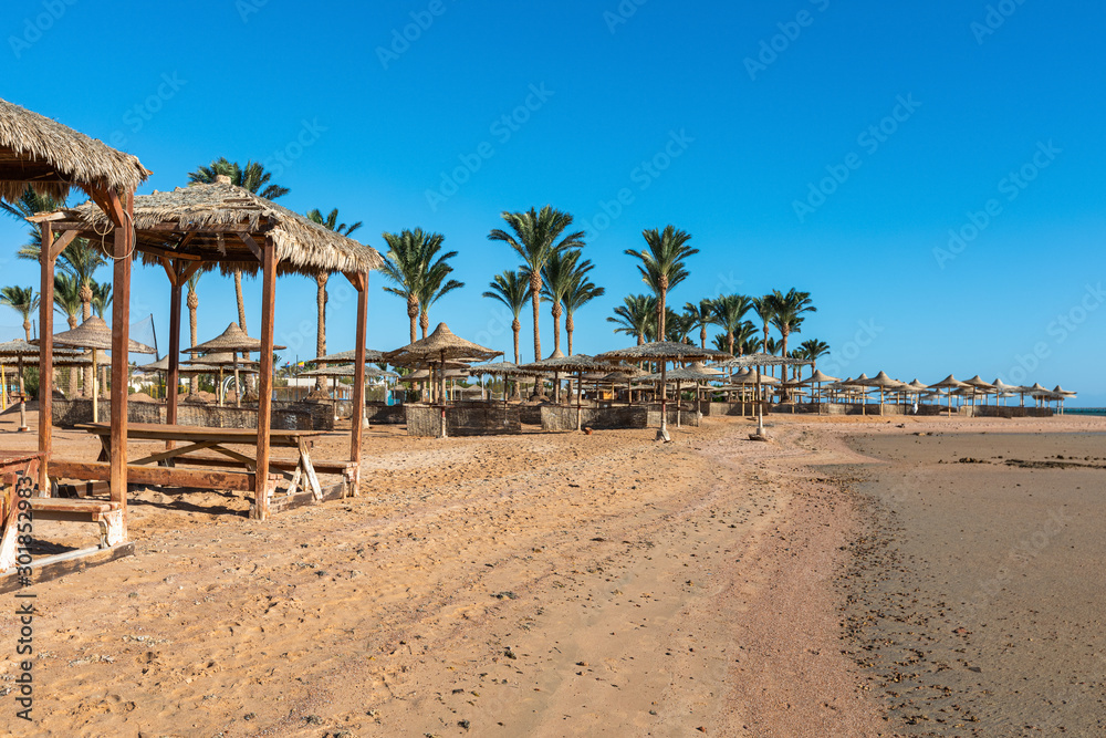 Fototapeta premium Beach with straw umbrellas and sunbeds. Egyptian resort in Sharm el Sheikh. Vacation concept.