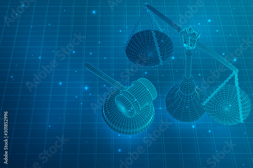 virtual 3d scales and a judge’s hammer are on the table. vector background.