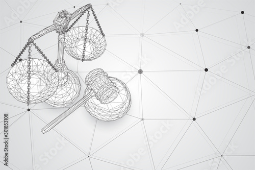 virtual 3d scales and a judge’s hammer are on the table. vector background.